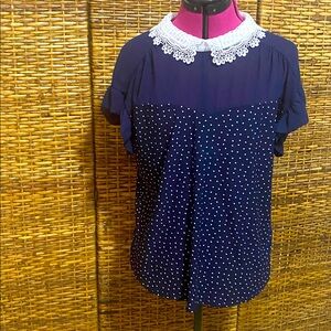 RUC Faith & Joy Blue white Polka Dot sheer Lace collar Tie @ back neck Blouse L